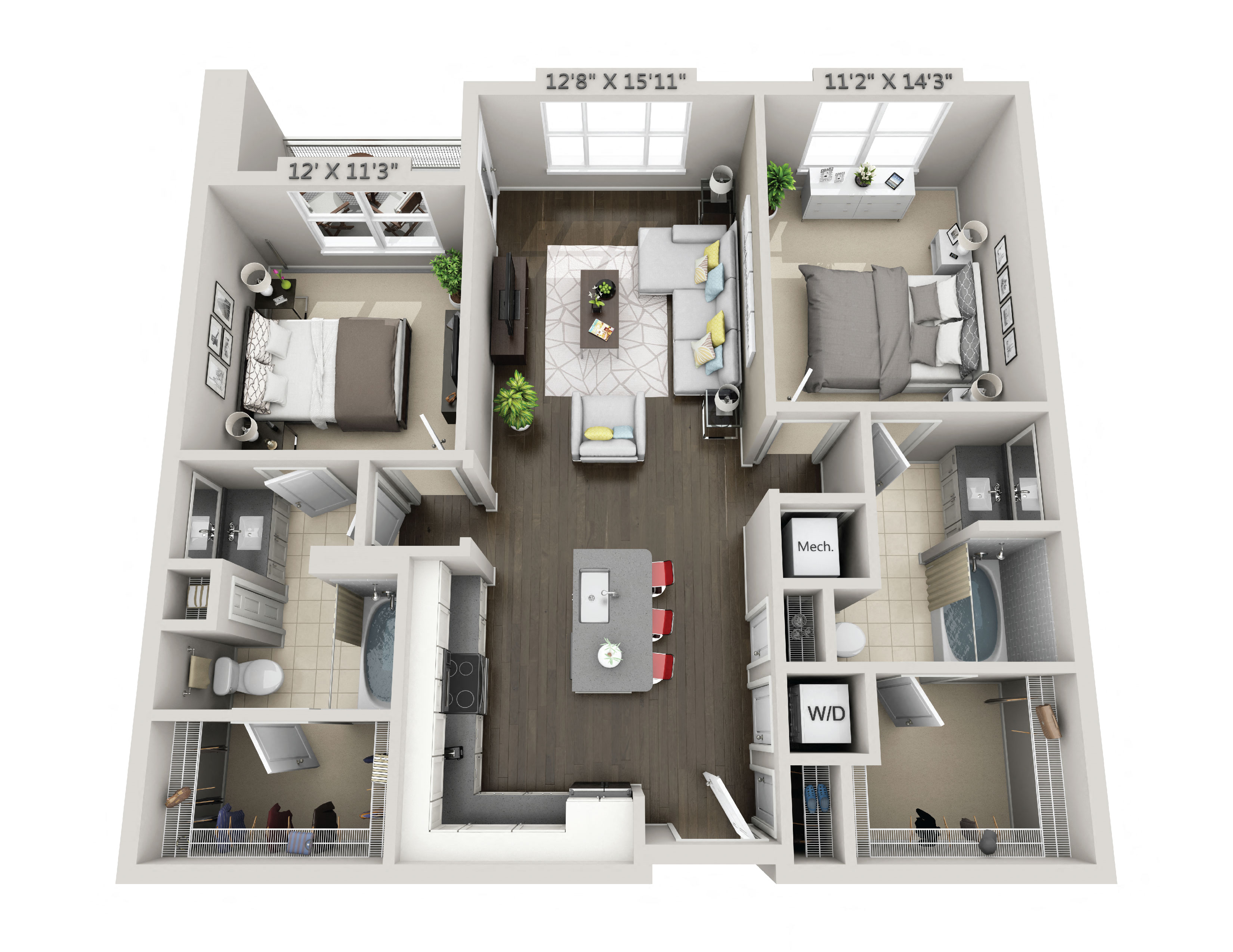 Floor plan for 2 beds, 2 baths, 1073 sqft